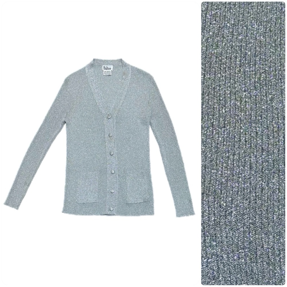 Vintage Dalton Metallic Cardigan Silver V-Neck Ribbed Lurex Knit Sweater 60s 70s